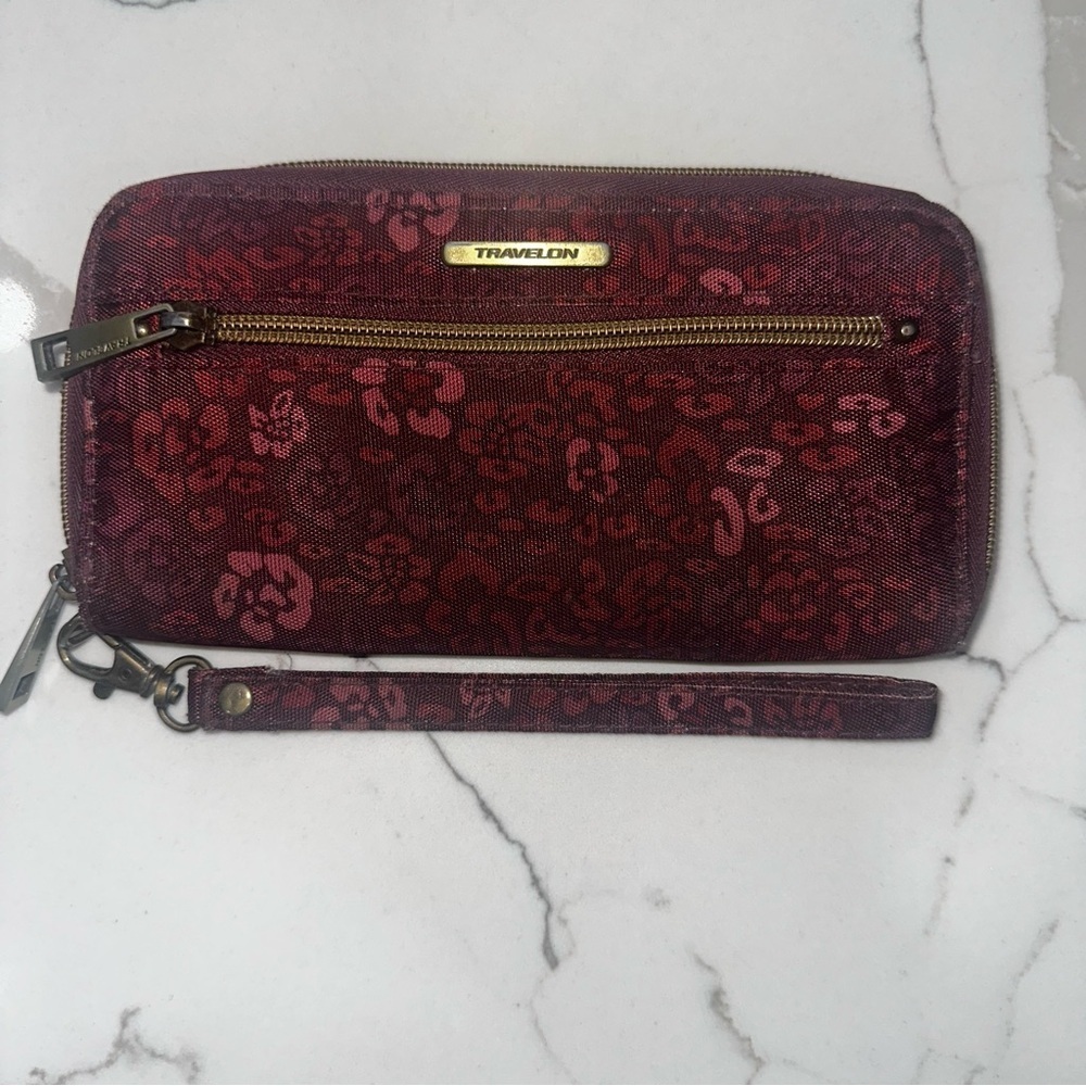 Travelon RFID Blocking Zip-Around Wristlet Wallet - Burgundy Floral Leopard